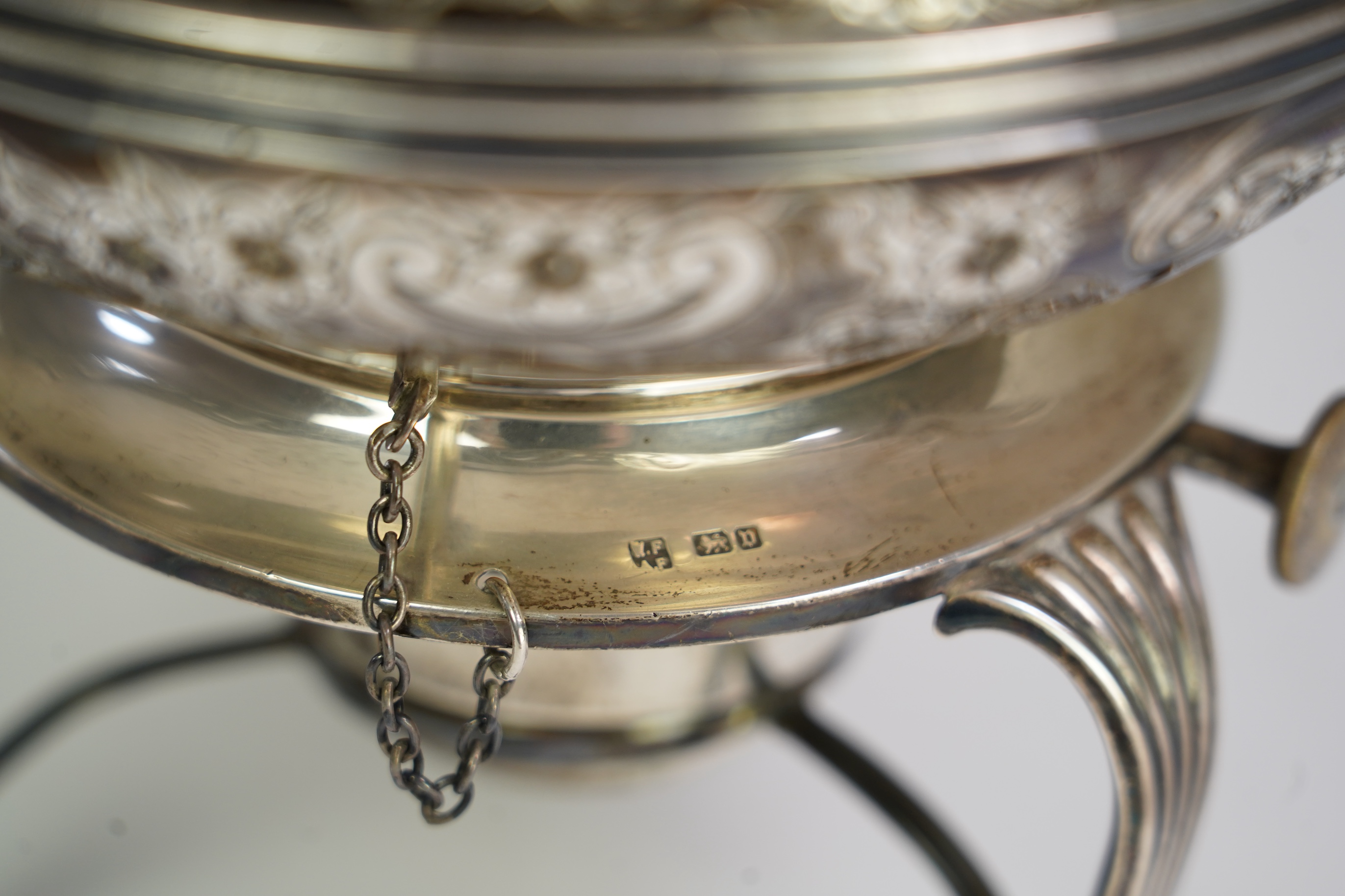 A George V silver spirit kettle, on stand with burner, by Fordham & Faulkner